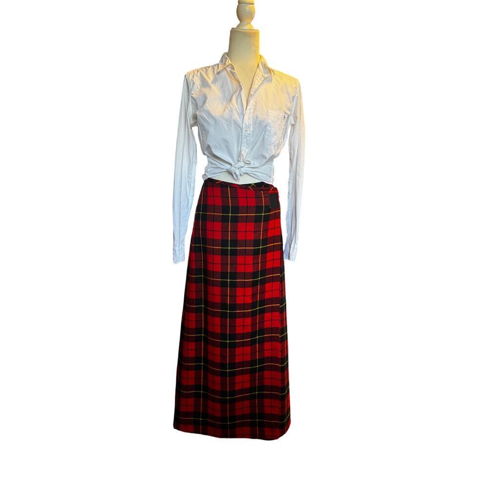 Vintage Ralph Lauren Red Tartan Wool Wrap Skirt Size 2 Kilt Style Maxi Plaid